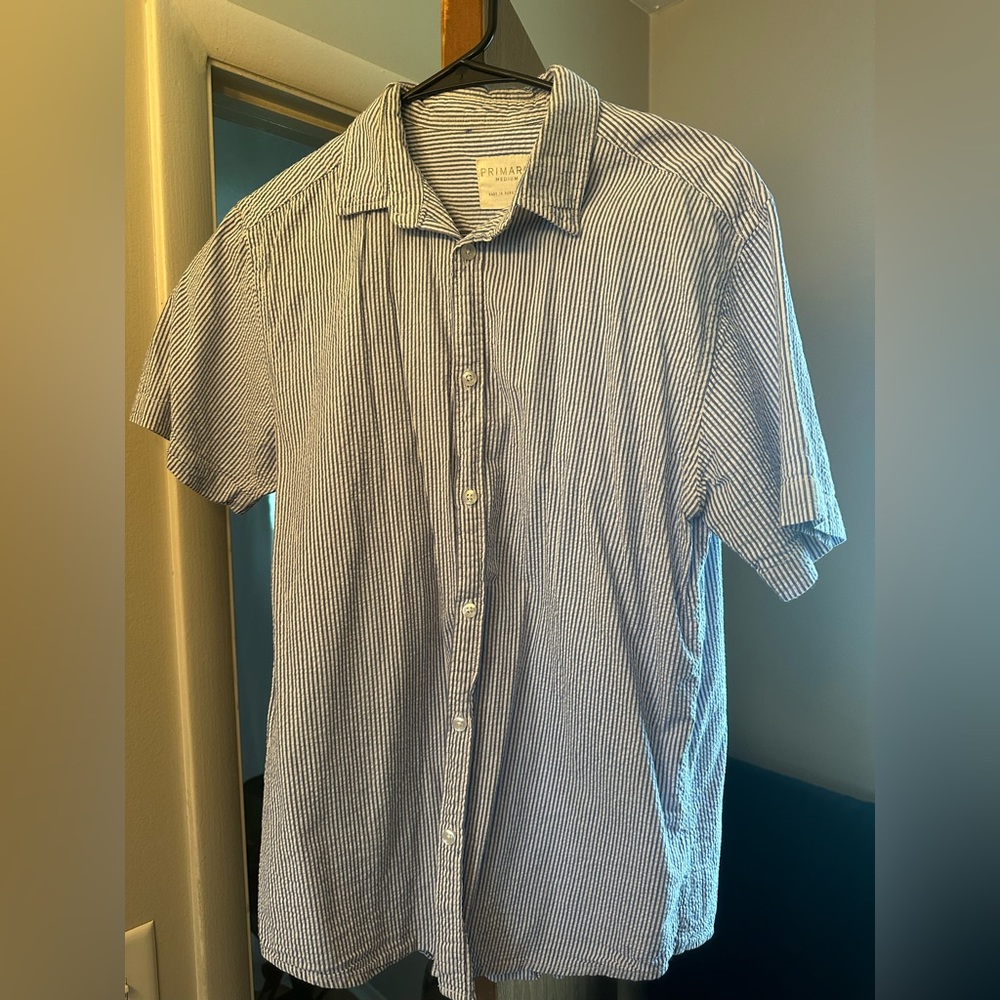 Men striped blue short sleeve button up medium slim fit